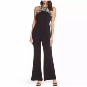 NEW Foxiedox Black Sarah Floral Embroidery Halter Wide Leg Jumpsuit Size Large